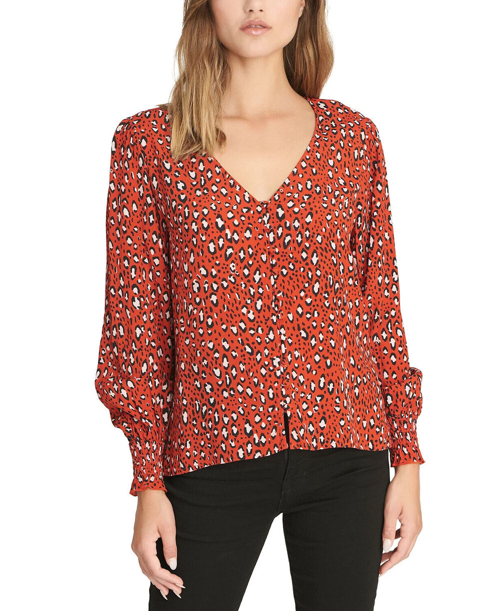 Sanctuary V-Neck Noelle Leopard Print Button Up Top Blouse Multicolor Party